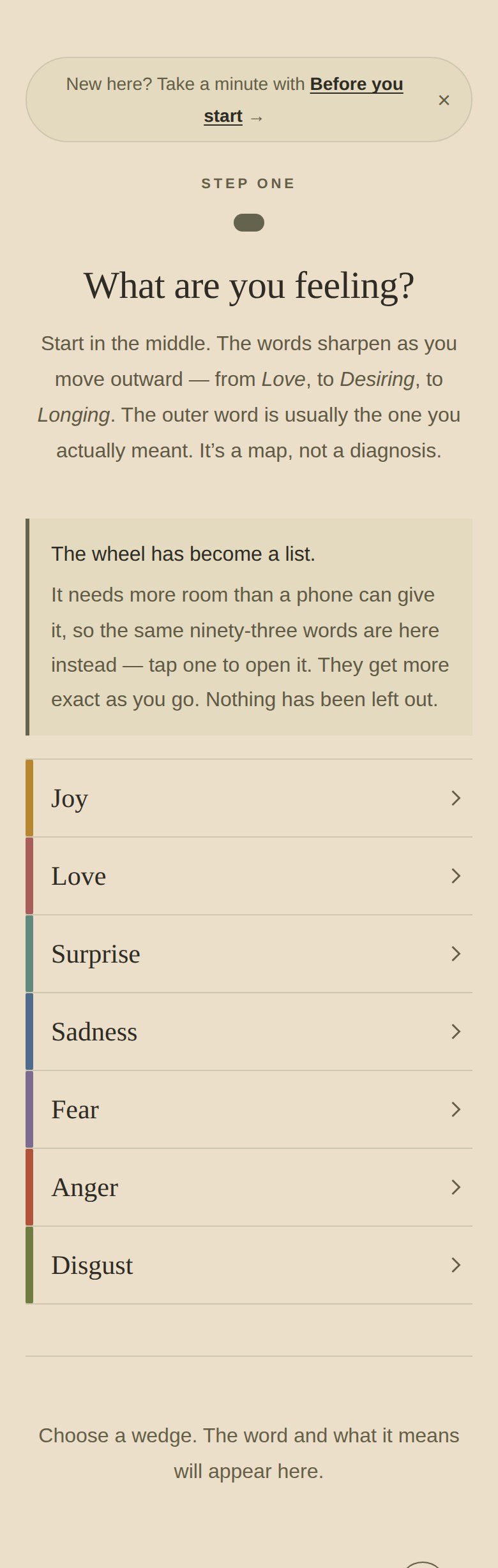 On a phone the wheel becomes a list: tap a color, then a word, and its meaning appears below.